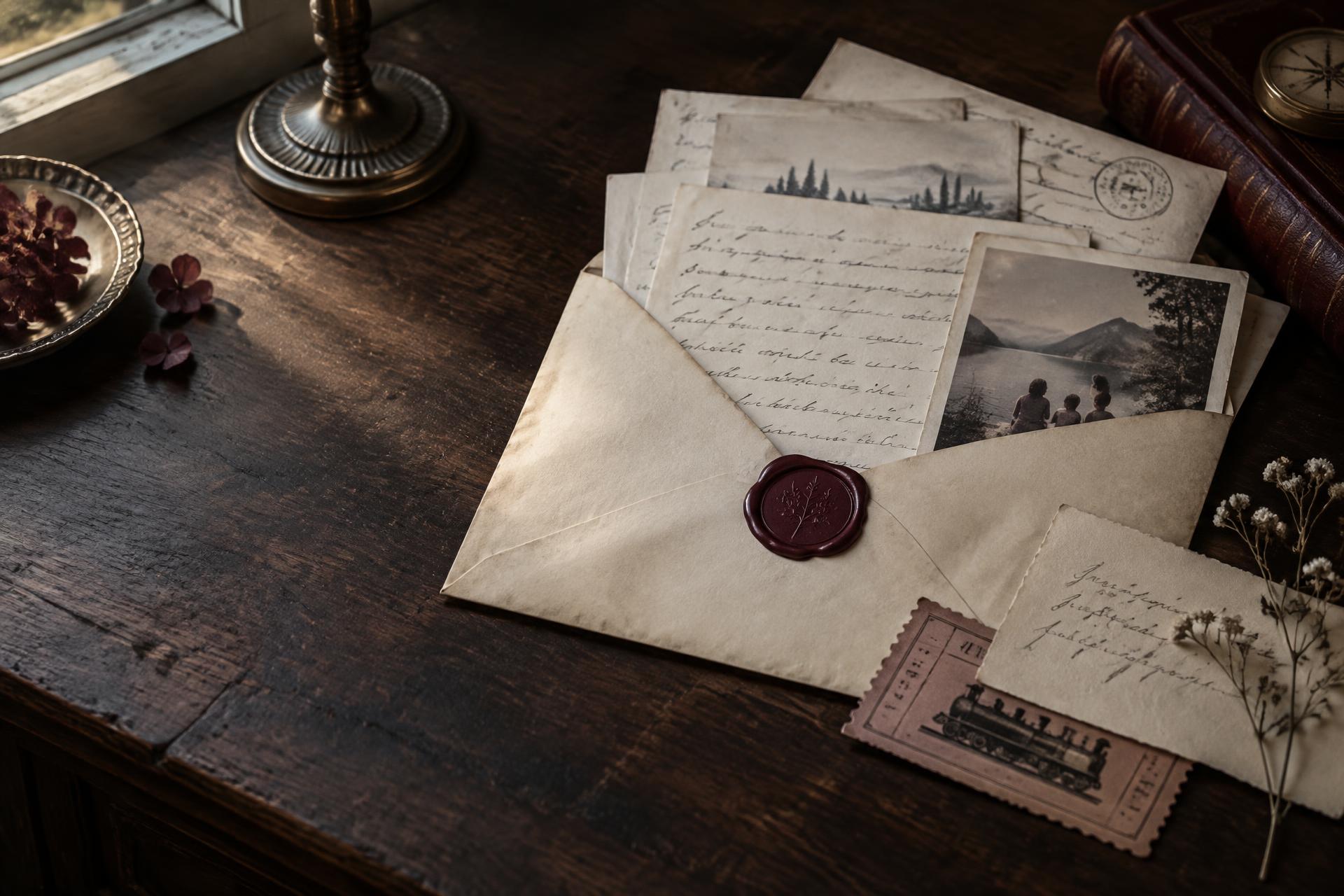 An opened envelope surrounded by old letters, a photograph, and a train ticket